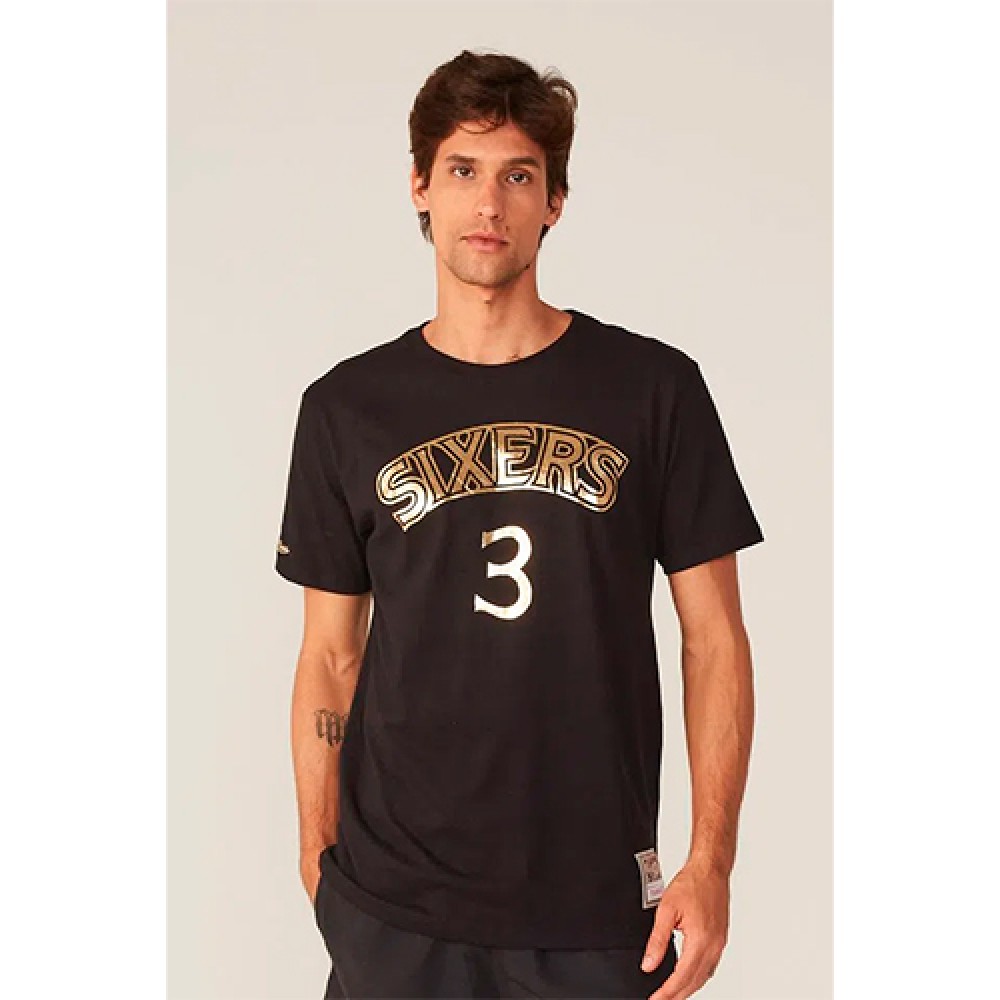 Camiseta Básica Masculina Estampada Sixers Preta - Mitchell & Ness