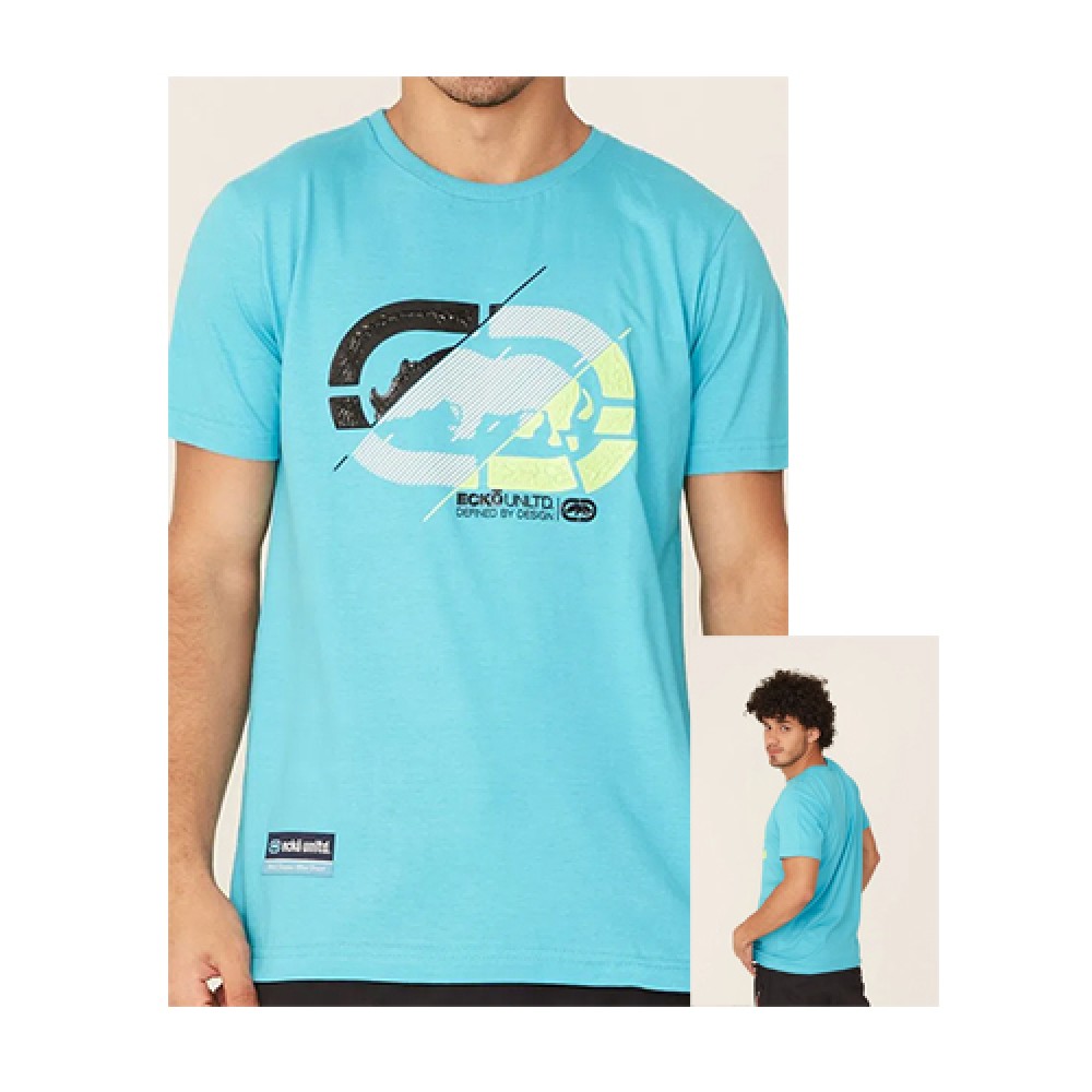 Camiseta Básica Masculina com Estampa Relevo Repuxado Azul Turquesa  - Ecko